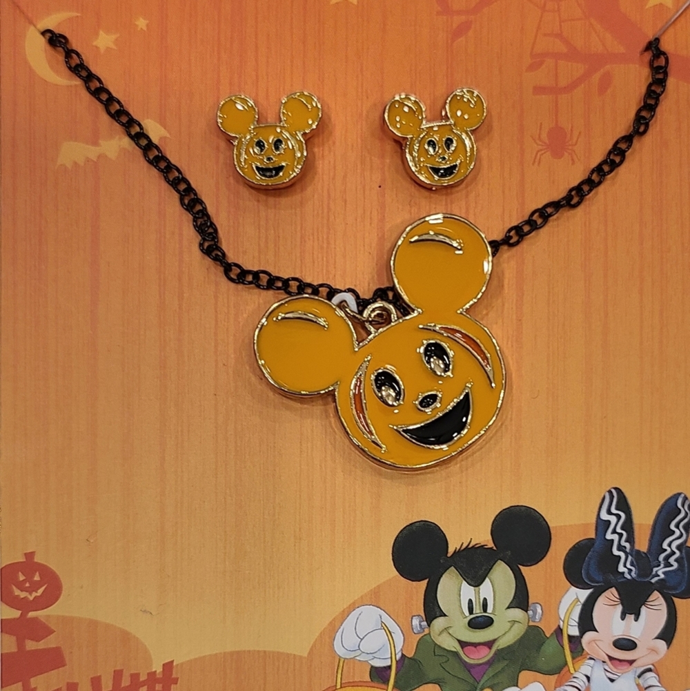 New Disney Mickey Mouse Pumpkin Halloween Necklace & Stud Earrings Jewelry Set